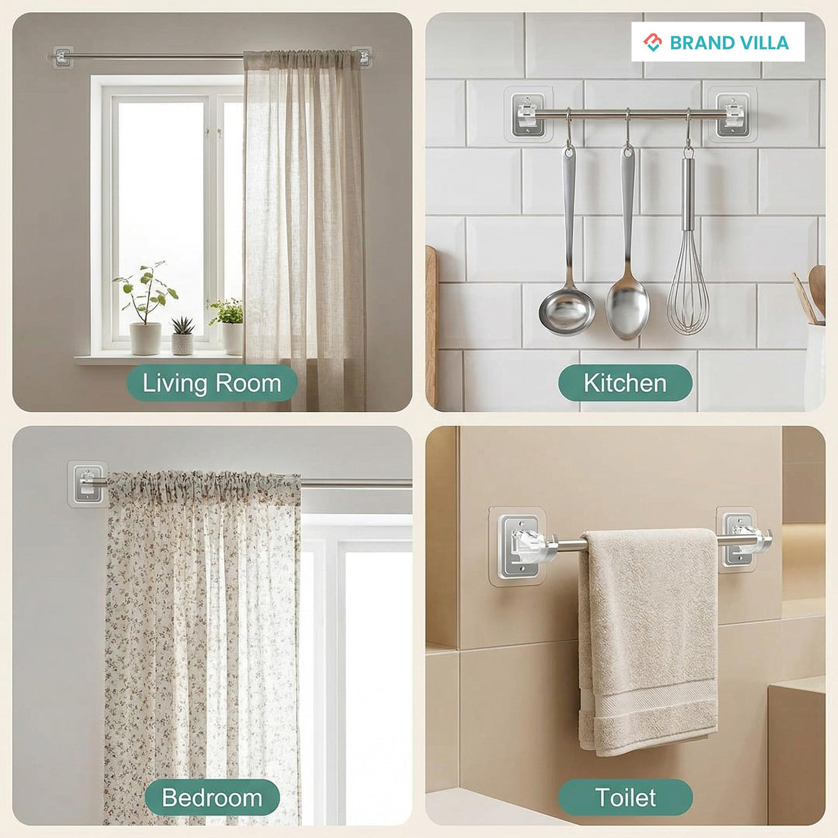 BRAND VILLA Self-Adhesive No Drill Curtain Rod Brackets Curtain Rod Holder Hooks Nail Free Adjustable Curtain Rod Wall Hooks Hangers for Bathroom Kitchen and Hotel (Pack of 4)