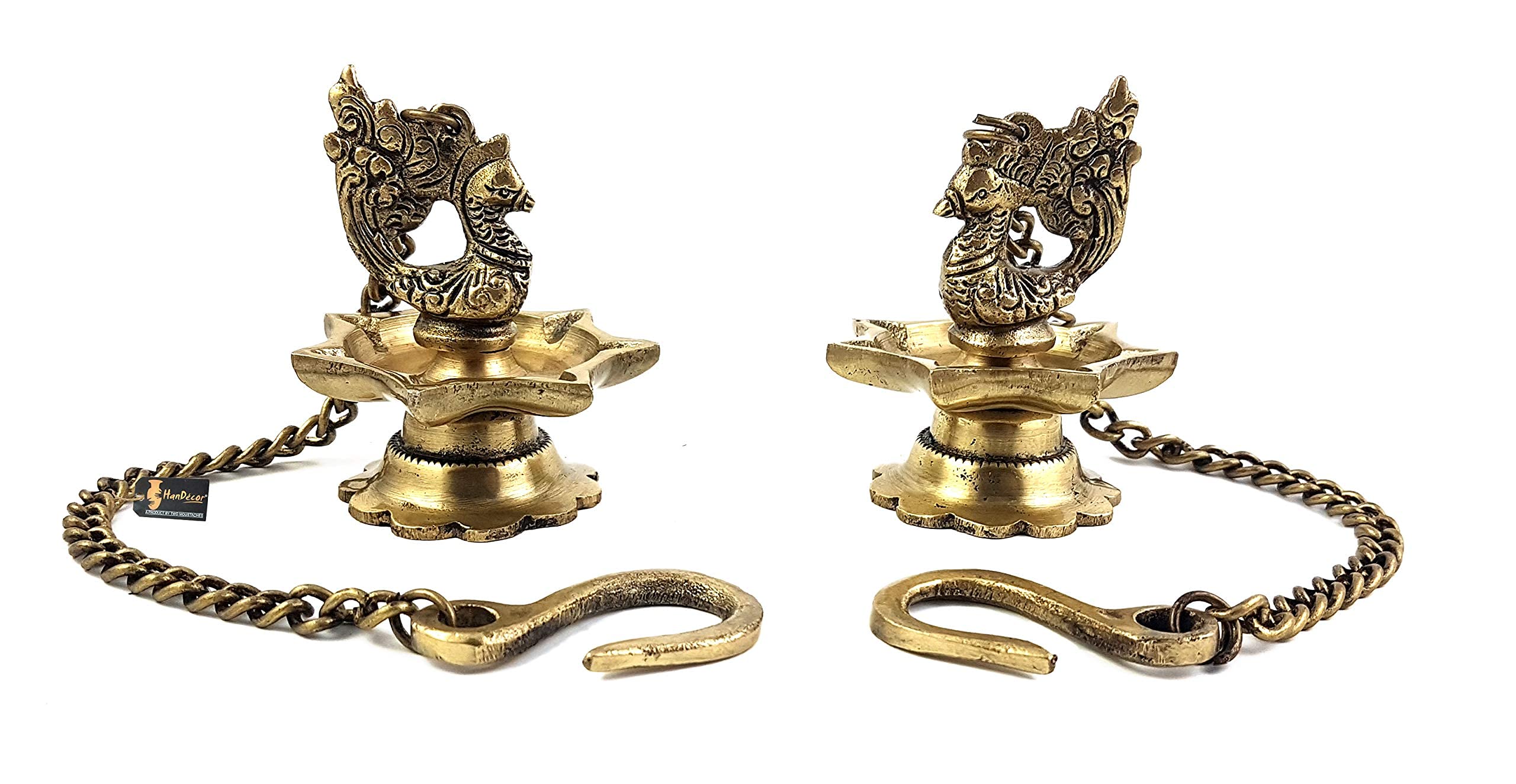 Two Moustaches Brass Peacock Carved Hanging Diya Set, Diyas for Diwali, Brass Hanging Diya Pair, Diwali Decoration for Home, Diyas for Home Decoration, Antique Yellow -Pack of 2