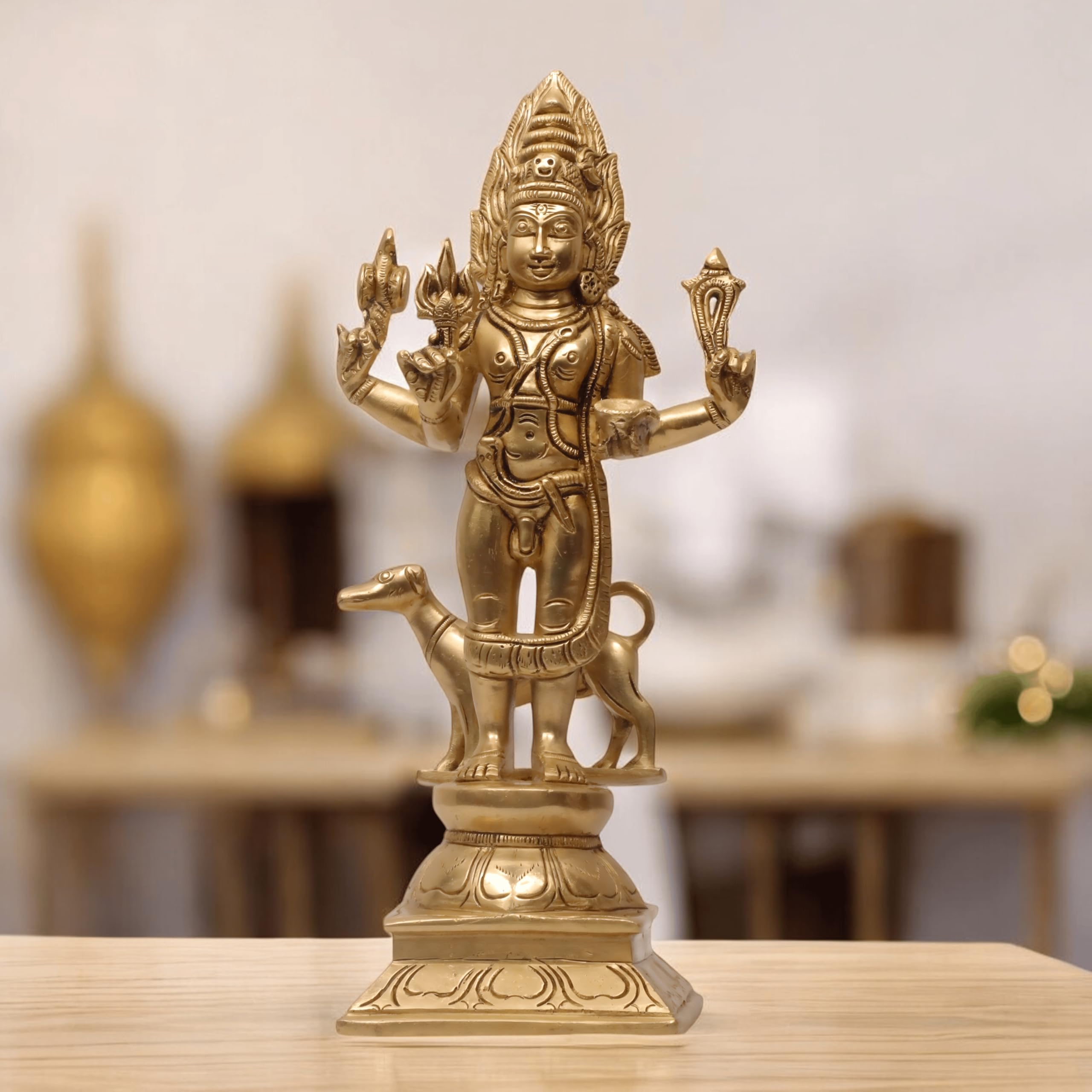 SHANTI Brass Kaal Bhairav Idol, Bhairava/Bhairo Baba with Dog, Bhairav Statue for Pooja, Home Décor, Showpiece Height:- 15 Inche (BR3843)