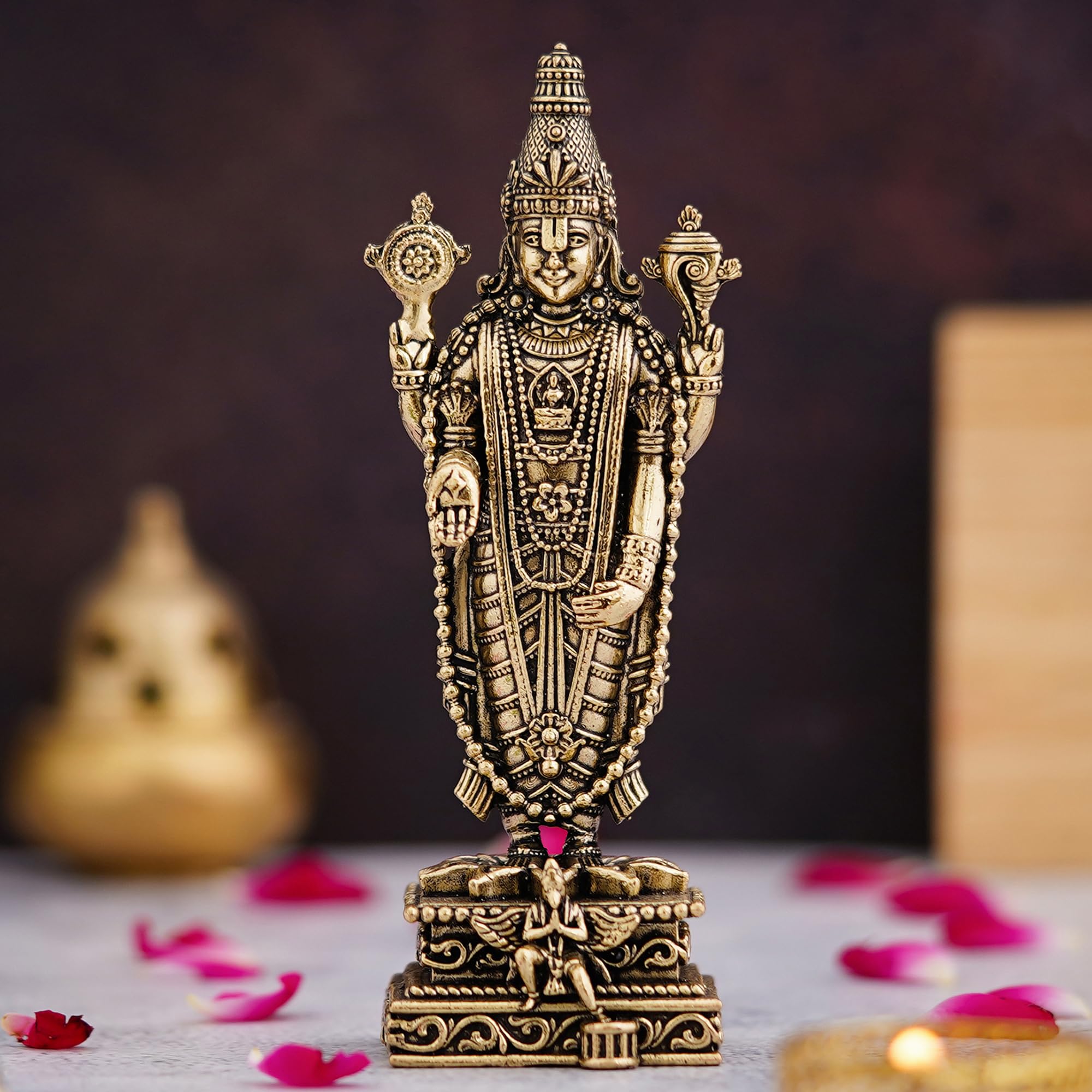 Brass Bhagwan Tirupati Balaji Standing Murti 1.5 Inch Lord Venkateshwara Statue Mini Lord Srinivasa Figurine for Home Temple, Mandir, Office And Gift God Perumal Idol For Car Decor