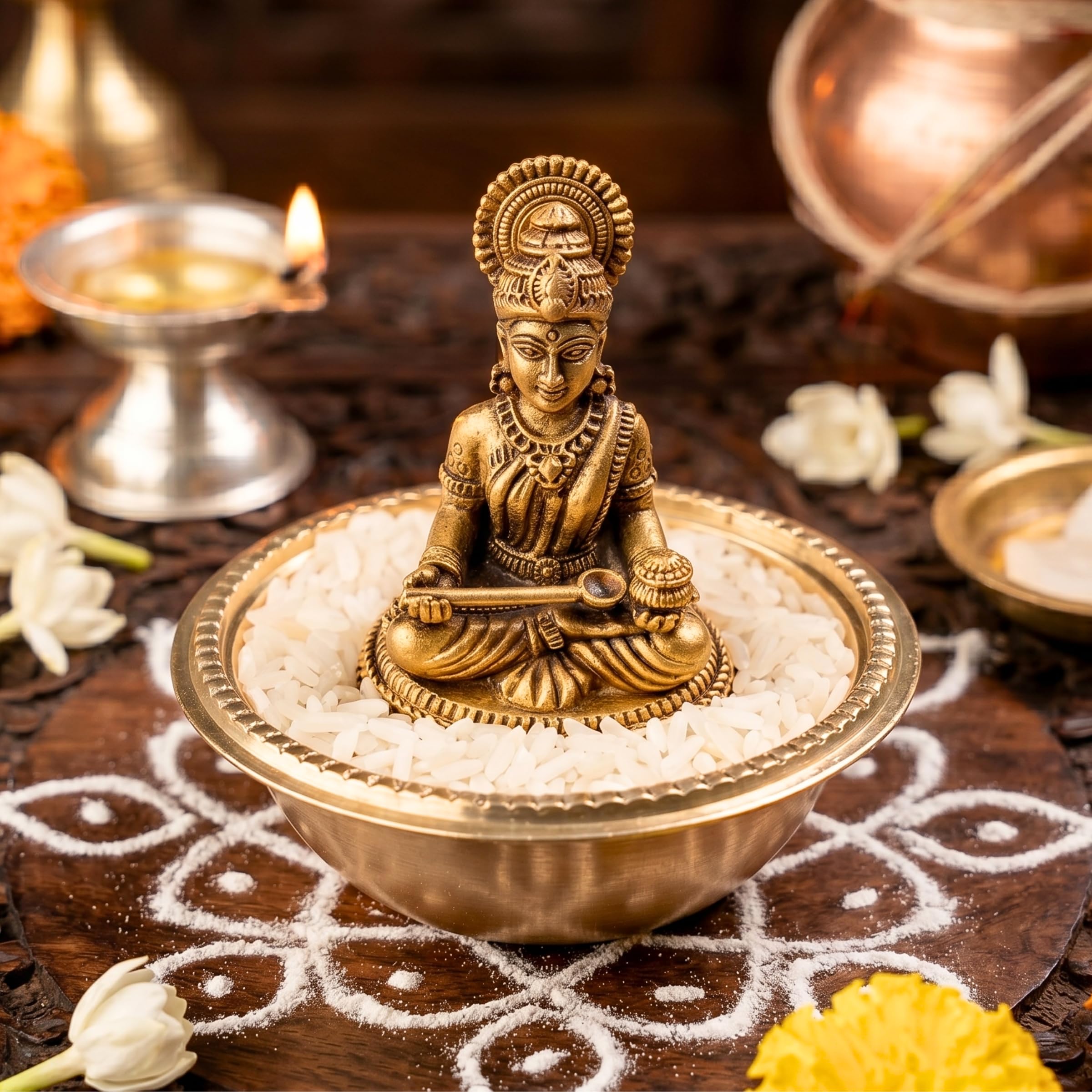 anciently Pure Brass Annapoorani Statue with Rice Bowl - Maa Annapurna Devi Idol/Silai/Murti for Kitchen Vastu & Pooja Room, Gold Colour, 1 Set