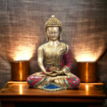 Brassaura™ Brass Premium Gem Stone Work Buddha Idol for Home and Decor| Brass Buddha Statue for Good Luck Diwali, Housewarming, Wedding, Navratri Gift | Weight 6.5 Kg Height 12 inch | Multi-Coloured