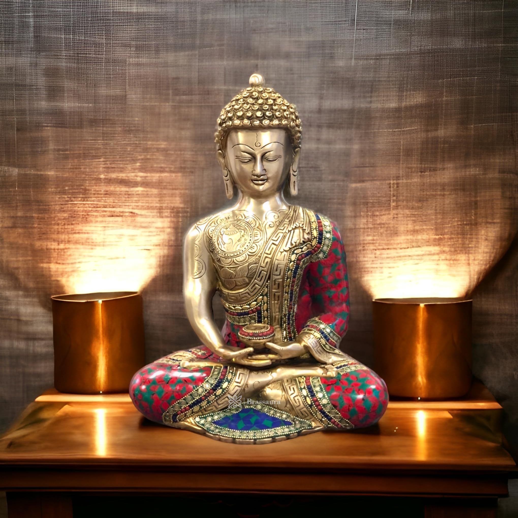 Brassaura™ Brass Premium Gem Stone Work Buddha Idol for Home and Decor| Brass Buddha Statue for Good Luck Diwali, Housewarming, Wedding, Navratri Gift | Weight 6.5 Kg Height 12 inch | Multi-Coloured