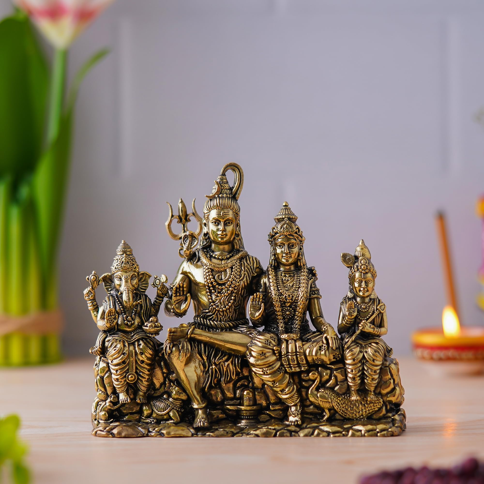 Brass 1.5 Inch Shiva Family Idol for Car Dashboard Mahadev Parivar Murti Shiv Parivaar Statue Lord Shiva, Parvati, Ganesh And Kartikeya Sitting Figurine for Home Temple Puja Gifting