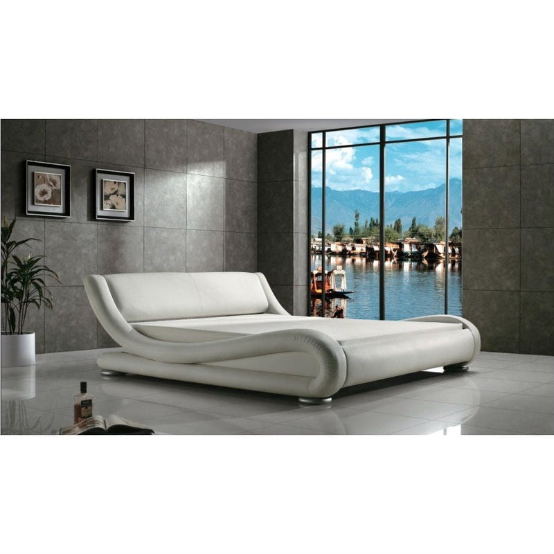 Queen Modern White Upholstered Platform Bed with Curved Sides & Headboard