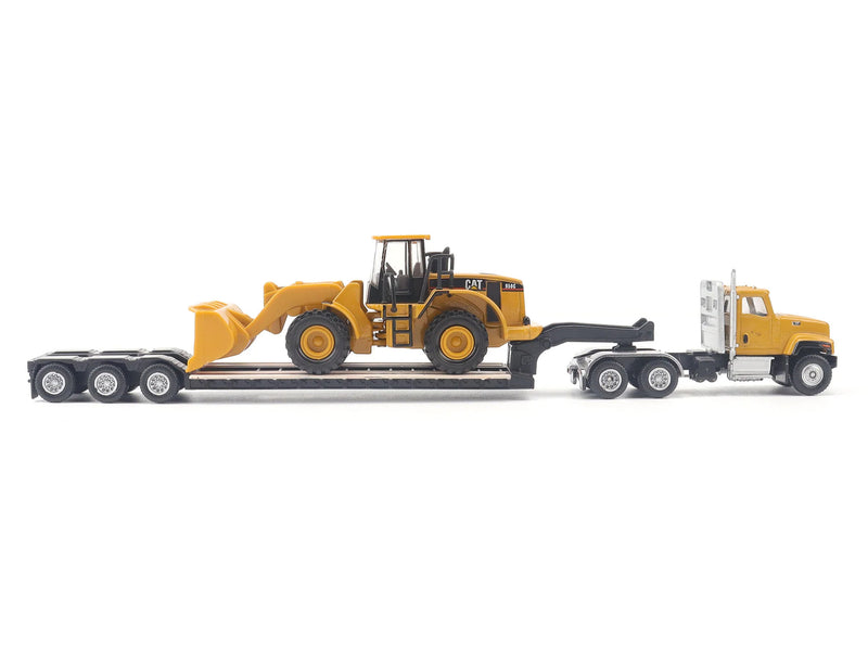 CAT Caterpillar CT681 Day Cab Tractor Yellow with Lowboy Trailer and CAT 950G Wheel Loader Yellow 1/87 (HO) Diecast Model by Diecast Masters