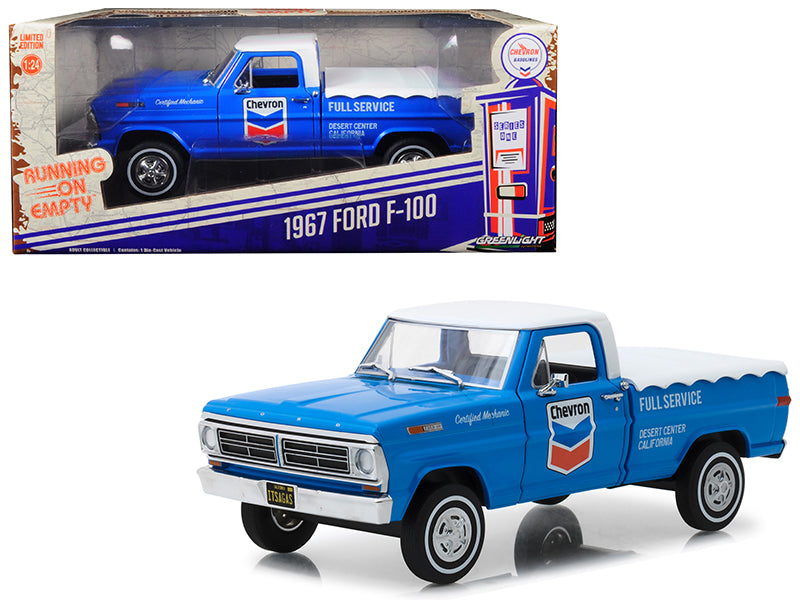 1967 Ford F-100 with Bed Cover Chevron Full Service Blue with White Top Running on Empty Series 1/24 Diecast Model Car by Greenlight