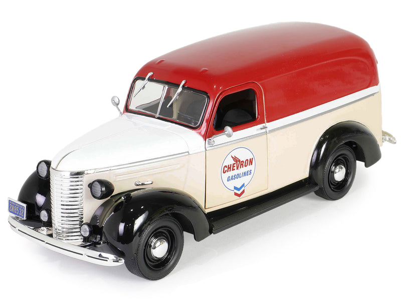 1939 Chevrolet Panel Truck Chevron Gasolines Red and Beige with White Hood and Stripes Running on Empty Series 7 1/24 Diecast Model Car by Greenlight