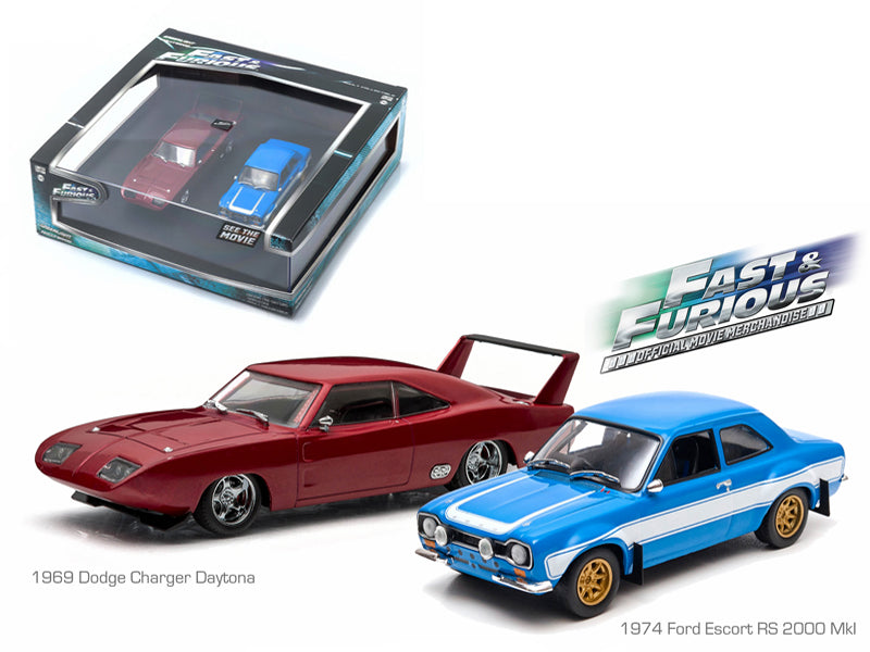 1969 Dodge Charger Daytona and 1974 Ford Escort RS 2000 Mkl The Fast and The Furious Movie Set of 2 pieces 1/43 Diecast Model Cars by Greenlight