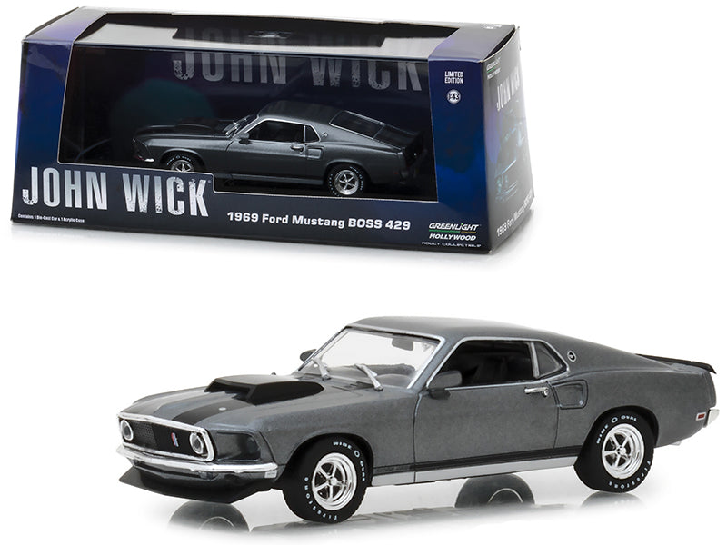 1969 Ford Mustang BOSS 429 Gray with Black Stripes "John Wick" (2014) Movie 1/43 Diecast Model Car by Greenlight