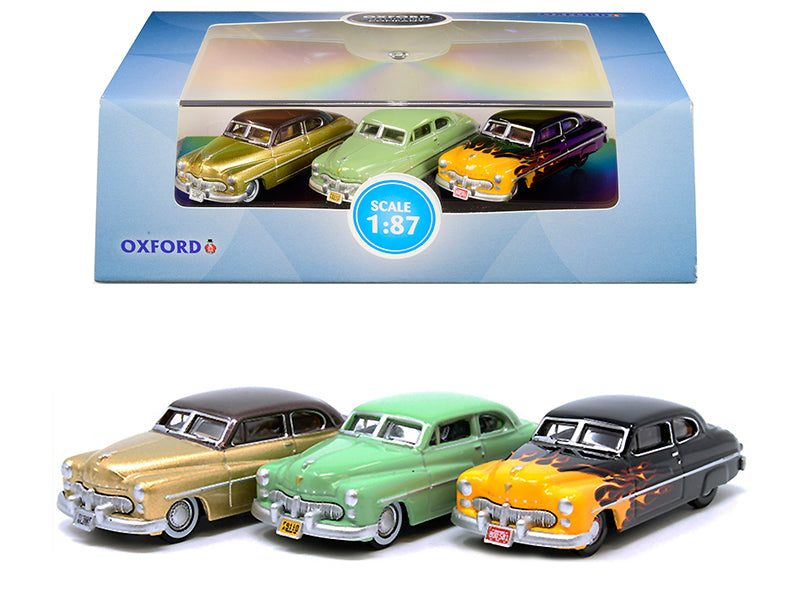 1949 Mercury Set of 3 Cars 70th Anniversary 1/87 (HO) Scale Diecast Model Cars by Oxford Diecast