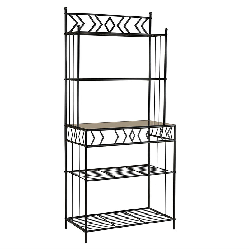 Kitchen Bakers Rack in Black Metal with Marble Finish Top