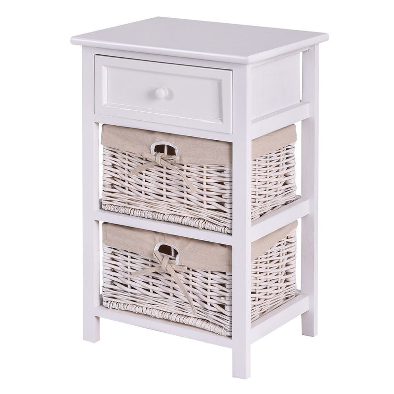 White Wooden 1-Drawer End Table Nightstand with 2 Baskets