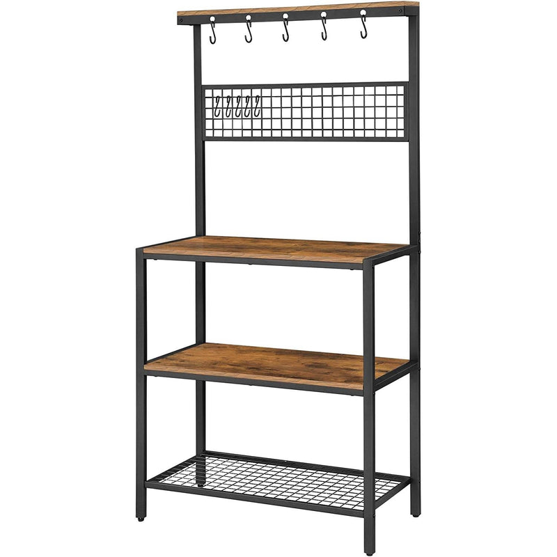 3-Shelf Black Metal Rustic Brown Wood Kitchen Bakers Rack Microwave Stand