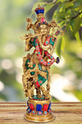 AONA Brass Lord Krishna Idol Statue Krishna Sculpture Decorative Showpiece for Home Office Decor Multicolou | Height 15 Inches, Religious