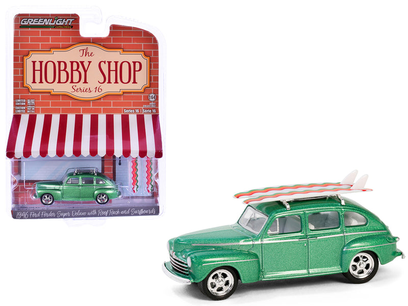 1946 Ford Fordor Super Deluxe Green Metallic with White Interior and Roof Rack with Surfboards The Hobby Shop Series 16 1/64 Diecast Model Car by Greenlight