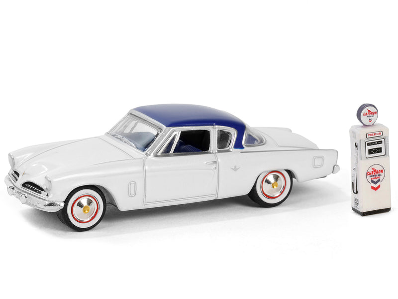 1954 Studebaker Commander Starliner White with Blue Top and Blue Interior with Chevron Supreme Vintage Wayne 505 Gas Pump The Hobby Shop Series 16 1/64 Diecast Model Car by Greenlight