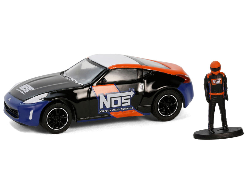 2020 Nissan 370z "NOS Nitrous Oxide Systems" Black with Graphics and Race Car Driver "The Hobby Shop" Series 16 1/64 Diecast Model Car by Greenlight