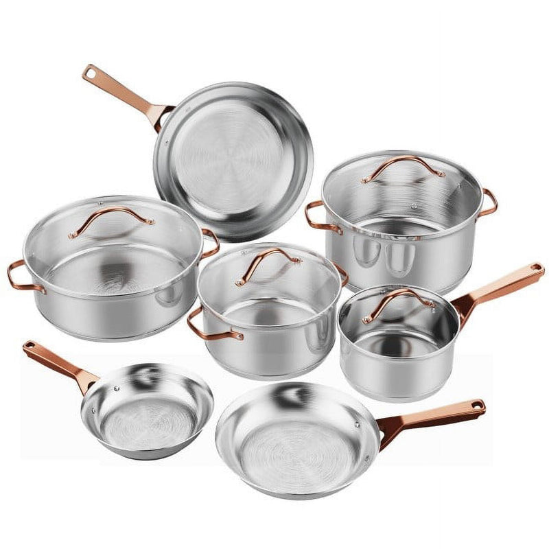 11 Piece Stainless Steel Kitchen Cookware Set Gold Handles