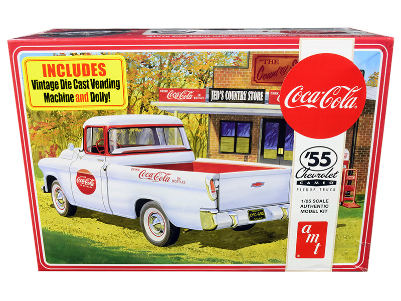 Skill 3 Model Kit 1955 Chevrolet Cameo Pickup Truck Coca-Cola with Vintage Vending Machine and Dolly 1/25 Scale Model by AMT