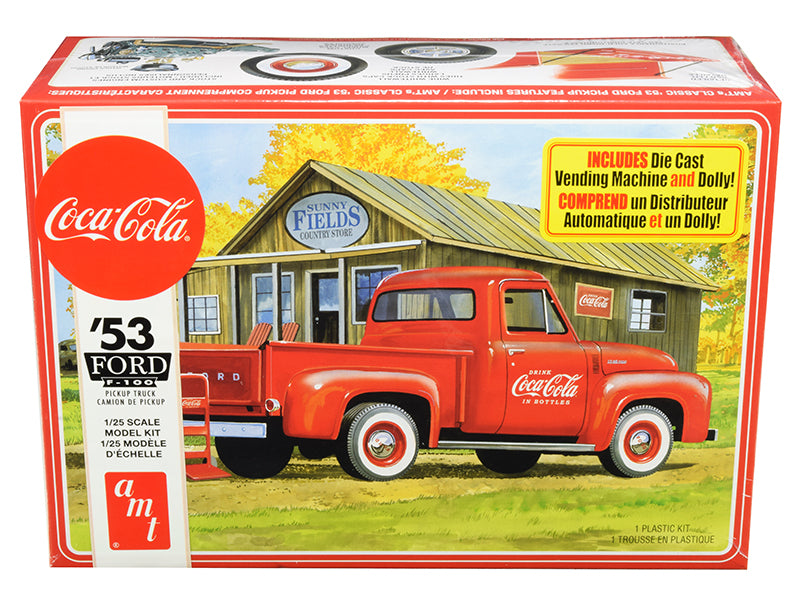 Skill 3 Model Kit 1953 Ford F-100 Pickup Truck Coca-Cola with Vending Machine and Dolly 1/25 Scale Model by AMT