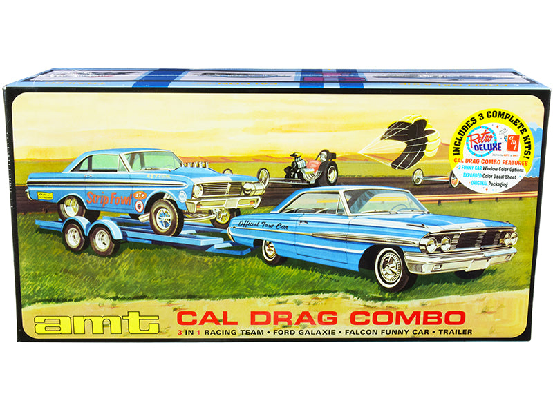 Skill 2 Model Kit Ford Cal Drag Team Ford Galaxie with Ford Falcon Funny Car and Trailer Set of 3 Complete Kits 1/25 Scale Models by AMT