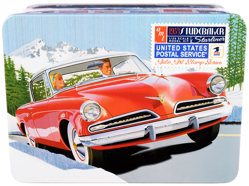 Skill 2 Model Kit 1953 Studebaker Starliner with USPS (United States Postal Service) Themed Collectible Tin Box 3-In-1 Kit 1/25 Scale Model by AMT