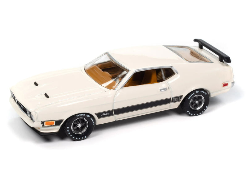 1973 Ford Mustang Mach 1 Pearl White with Black Stripes "Vintage Muscle" Series 1/64 Diecast Model Car by Auto World