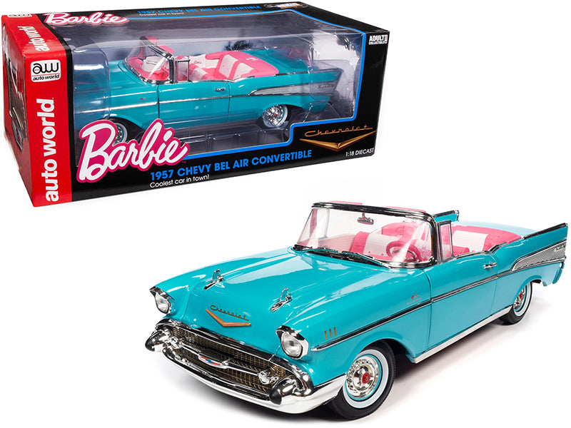 1957 Chevrolet Bel Air Convertible Aqua Blue with Pink Interior Barbie Silver Screen Machines 1/18 Diecast Model Car by Auto World