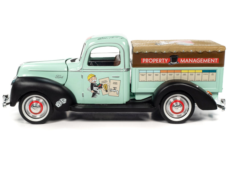 1940 Ford Pickup Truck Property Management Light Green with Graphics and Mr. Monopoly Construction Resin Figure Monopoly 1/18 Diecast Model Car by Auto World