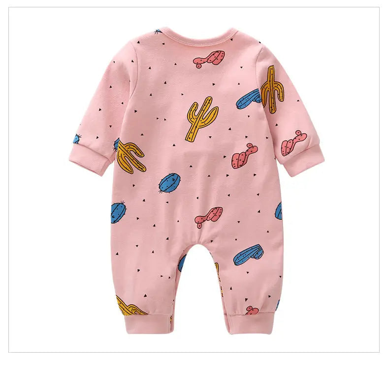 Baby Cactus & Dot Pattern Long Sleeves O-Neck Cotton Jumpsuit