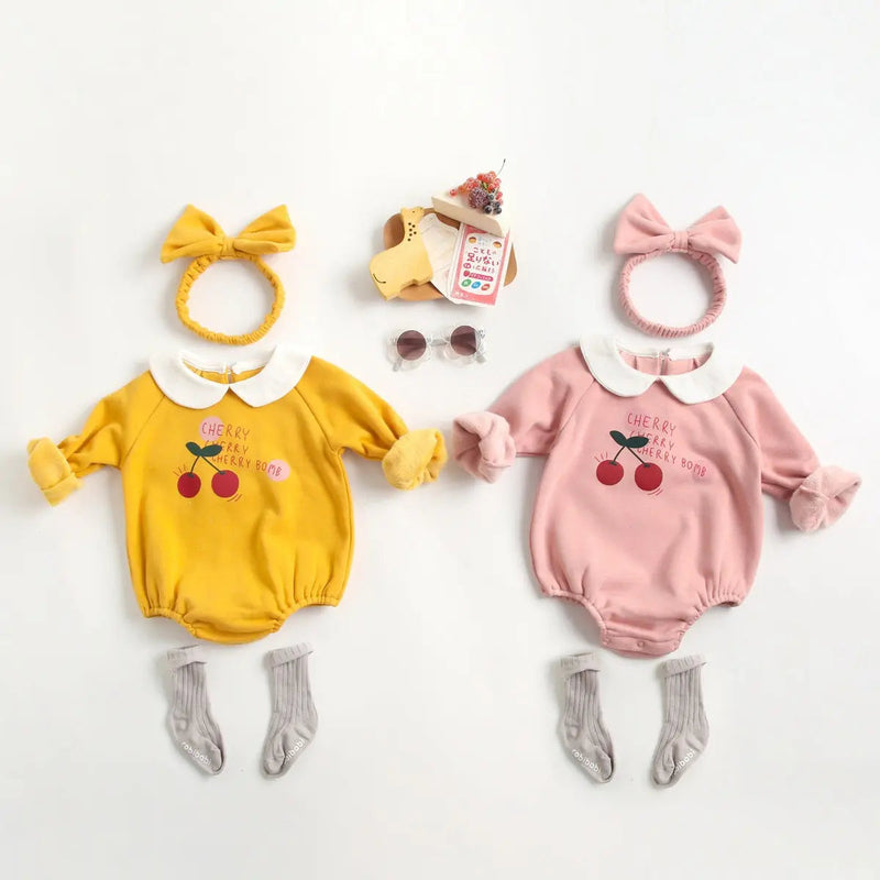 Baby Girl 1pcs Cherry & Slogan Pattern Doll Neck Longsleeve Onesies