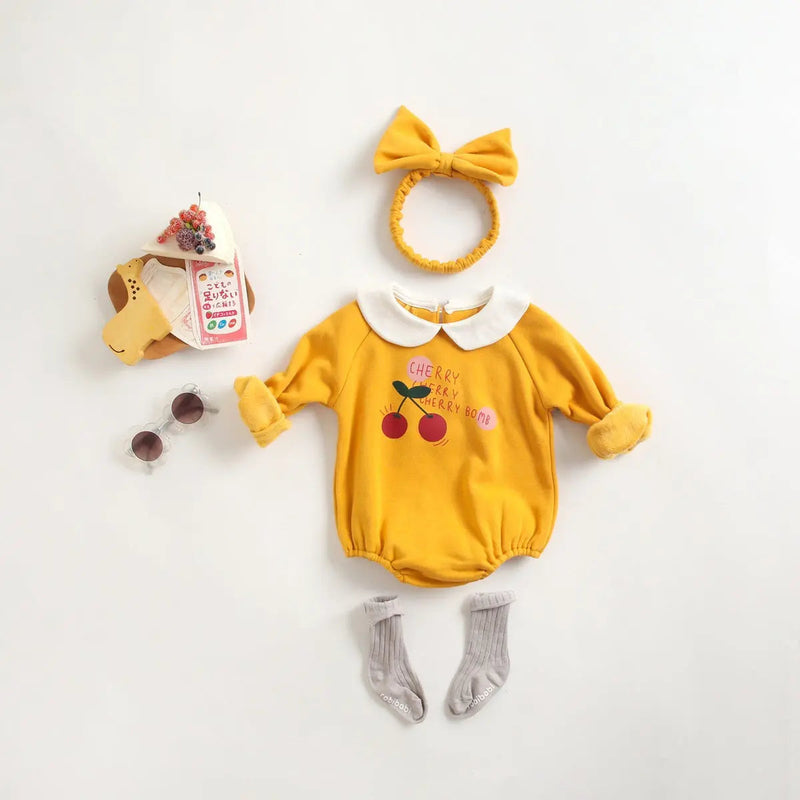 Baby Girl 1pcs Cherry & Slogan Pattern Doll Neck Longsleeve Onesies