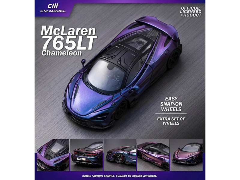 McLaren 765LT Chameleon Purple with Black Top and Extra Wheels 1/64 Diecast Model Car by CM Models