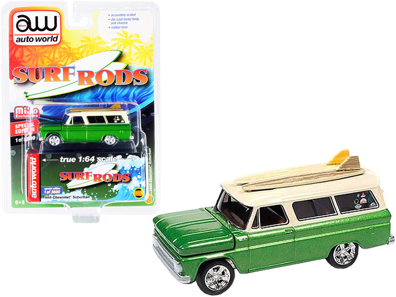 1965 Chevrolet Suburban Green Metallic and Cream with Two Surfboards Surf Rods Limited Edition to 3600 pieces Worldwide 1/64 Diecast Model Car by Auto World