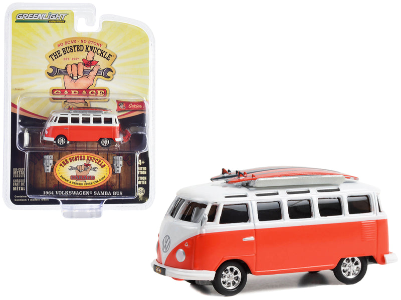 1964 Volkswagen Samba Bus Orange and White with Surfboards The Busted Knuckle Garage Service & Sales Busted Knuckle Garage Series 2 1/64 Diecast Model Car by Greenlight