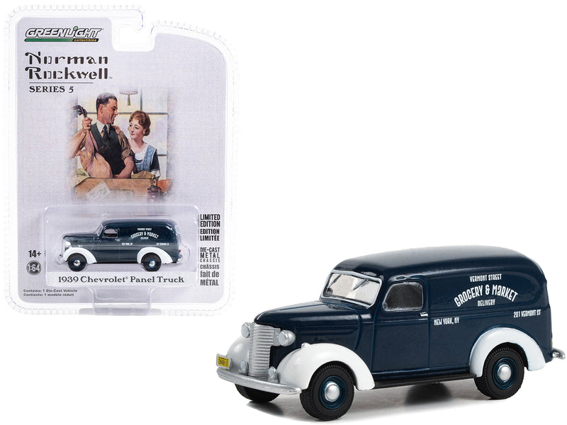 1939 Chevrolet Panel Truck Dark Blue with White Fenders Grocery & Market Delivery Norman Rockwell Series 5 1/64 Diecast Model Car by Greenlight