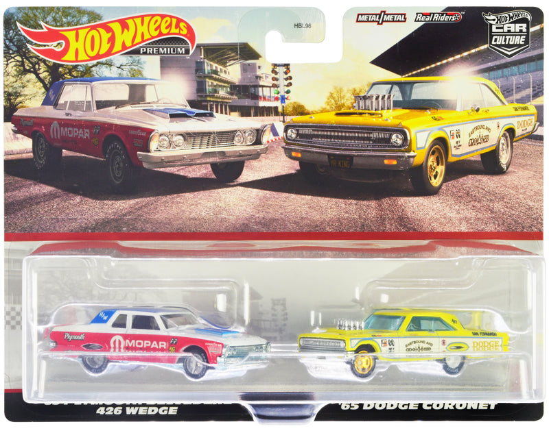 1963 Plymouth Belvedere 426 Wedge MOPAR White and Red with Blue Top and 1965 Dodge Coronet Eastbound and Crowned Yellow and White Car Culture Set of 2 Cars Diecast Model Cars by Hot Wheels