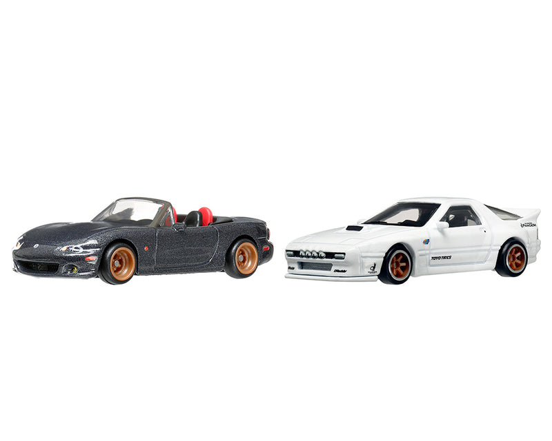 Mazda Mazdaspeed Miata Gray Metallic and Mazda RX7 FC Pandem White "Car Culture" Set of 2 Cars Diecast Model Cars by Hot Wheels