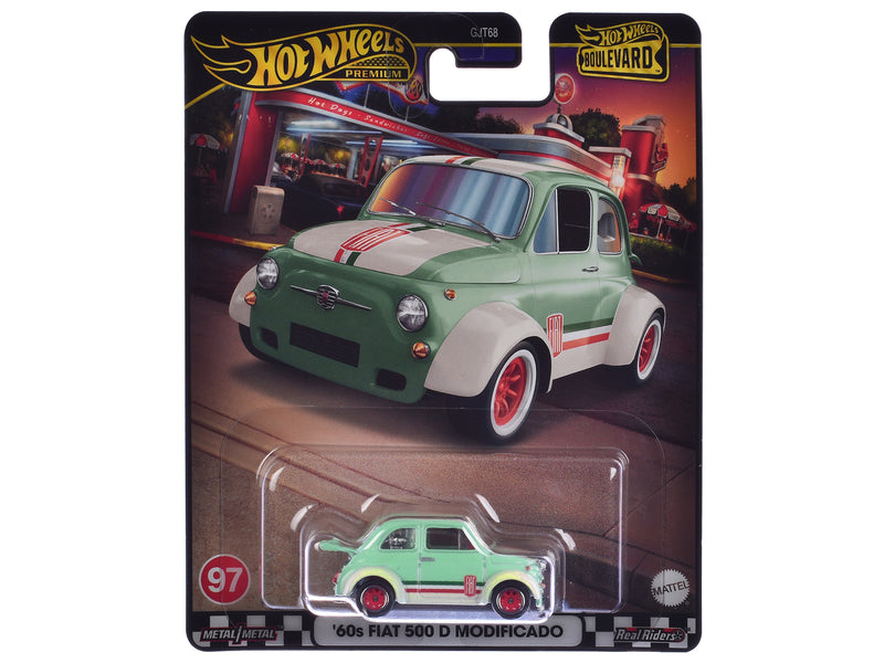 1960's Fiat 500 D Modificado Light Green with Stripes Boulevard Series Diecast Model Car by Hot Wheels