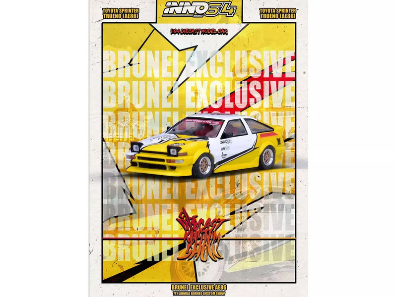 Toyota Sprinter Trueno (AE86) RHD (Right Hand Drive) "Brunei Diecast Kustom Show 2024" White and Yellow with Graphics 1/64 Diecast Model Car by Inno Models