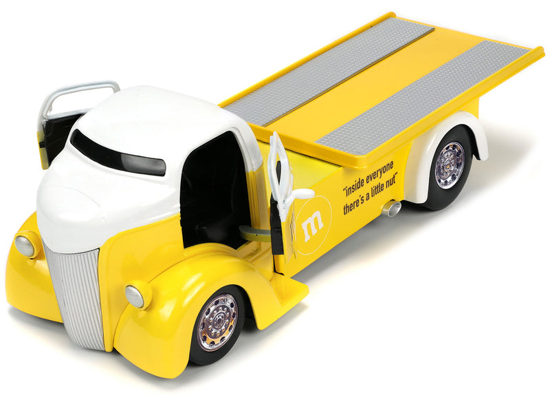 1947 Ford COE Flatbed Truck Yellow Metallic with White Top and Yellow M&M Diecast Figure M&M's Hollywood Rides Series 1/24 Diecast Model Car by Jada