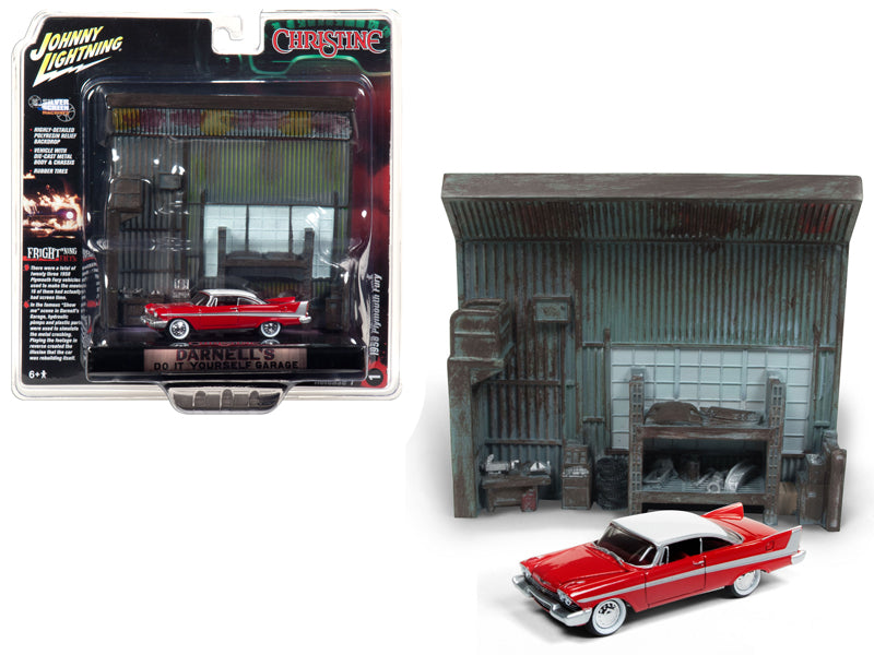 1958 Plymouth Fury Red with Darnell's Garage Interior Diorama from Christine (1983) Movie 1/64 Diecast Model by Johnny Lightning