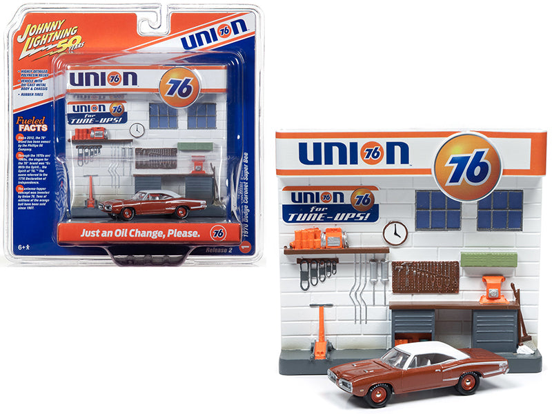 1970 Dodge Coronet Super Bee Brown with White Top and Union 76 Interior Service Gas Station Facade Diorama Set Johnny Lightning 50th Anniversary 1/64 Diecast Model Car by Johnny Lightning