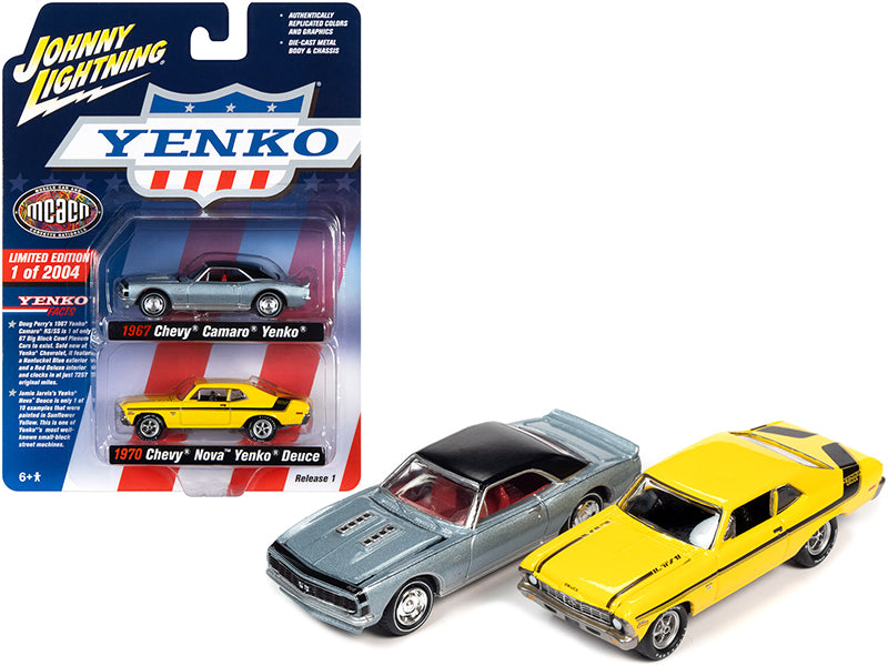 1967 Chevrolet Camaro Yenko Blue Metallic with Black Top and 1970 Chevrolet Nova Yenko Deuce Yellow MCACN (Muscle Car & Corvette Nationals) Set of 2 Cars Limited Edition to 2004 pieces Worldwide 1/64 Diecast Model Cars by Johnny Lightning