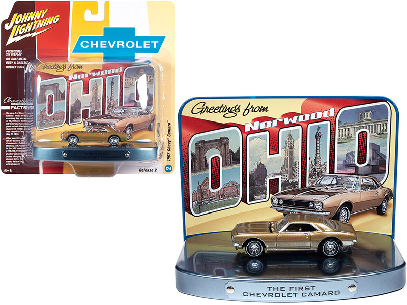 1967 Chevrolet Camaro Gold with Gold Interior with Collectible Tin Display The First Chevrolet Camaro Greetings from Norwood - Birth Place of the Camaro 1/64 Diecast Model Car by Johnny Lightning