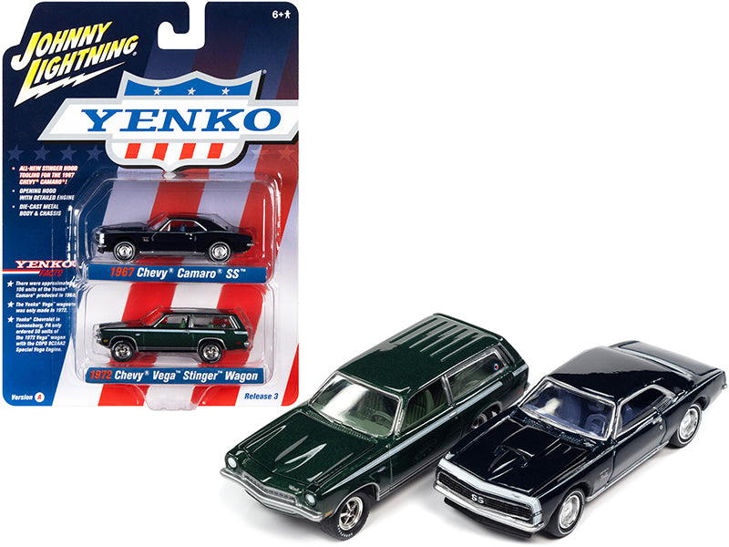 1967 Chevrolet Camaro SS Royal Plum Metallic and 1972 Chevrolet Vega Stinger Wagon Dark Green Metallic YENKO Set of 2 Cars 1/64 Diecast Model Cars by Johnny Lightning