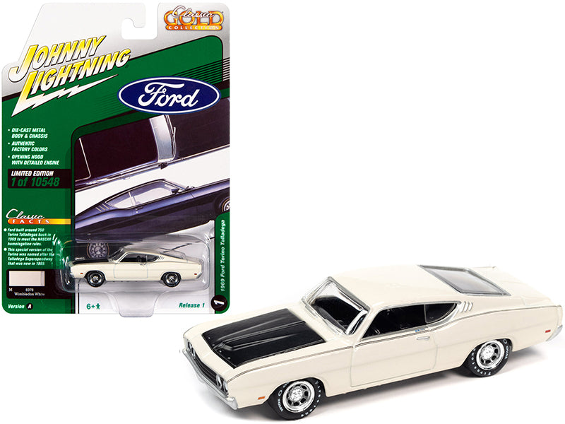 1969 Ford Torino Talladega Wimbledon White with Matt Black Hood Classic Gold Collection Series Limited Edition to 10548 pieces Worldwide 1/64 Diecast Model Car by Johnny Lightning