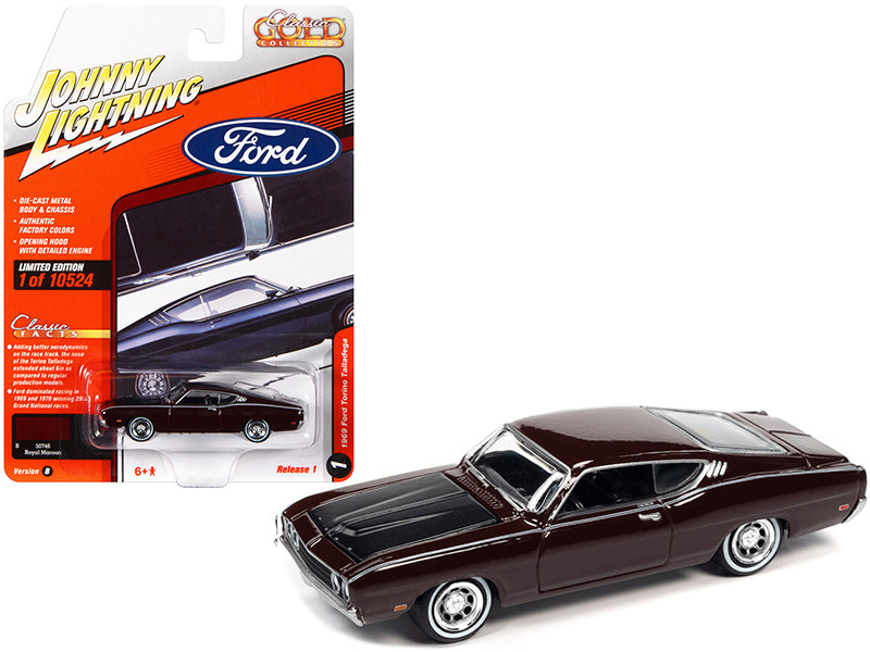 1969 Ford Torino Talladega Royal Maroon with Matt Black Hood Classic Gold Collection Series Limited Edition to 10524 pieces Worldwide 1/64 Diecast Model Car by Johnny Lightning