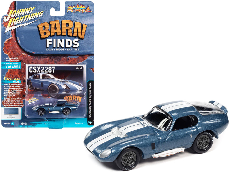 1964 Shelby Cobra Daytona Coupe Viking Blue Metallic with White Stripes Barn Finds Limited Edition to 12834 pieces Worldwide Street Freaks Series 1/64 Diecast Model Car by Johnny Lightning